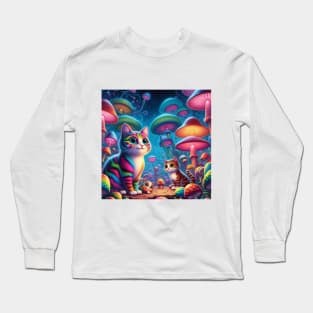 Psychodelic colorful cats with mashrooms Long Sleeve T-Shirt